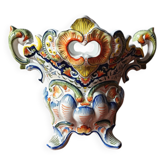Vintage ceramic bouquet holder / cache-pot with old Rouen decoration.