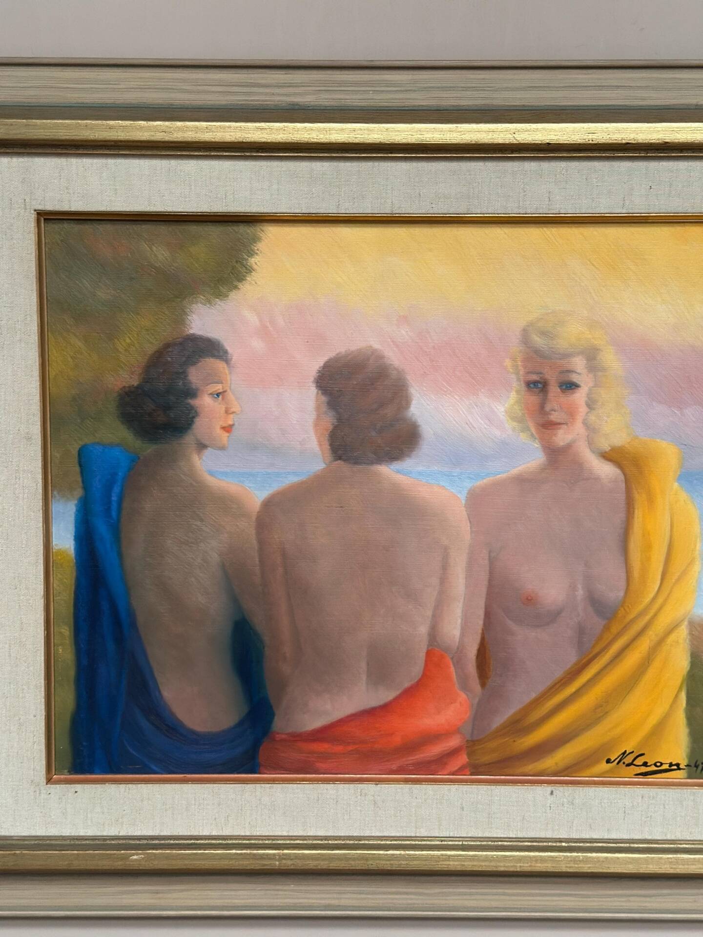 20th Century Oil on Panel – “Three Women” by N. Leon (1947) – Vintage
