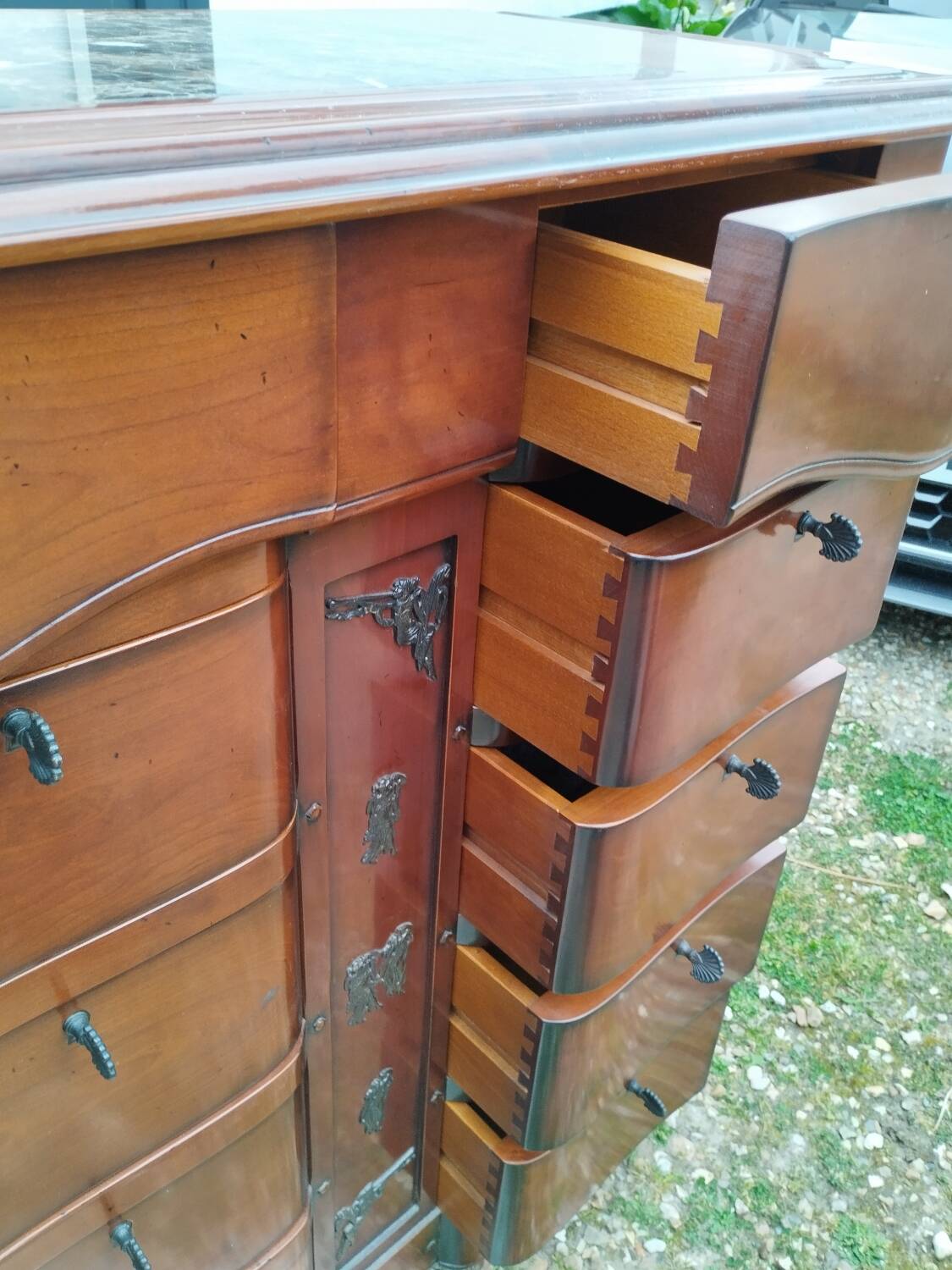 Antique weekly chest of drawers, Louis XVI style marble top