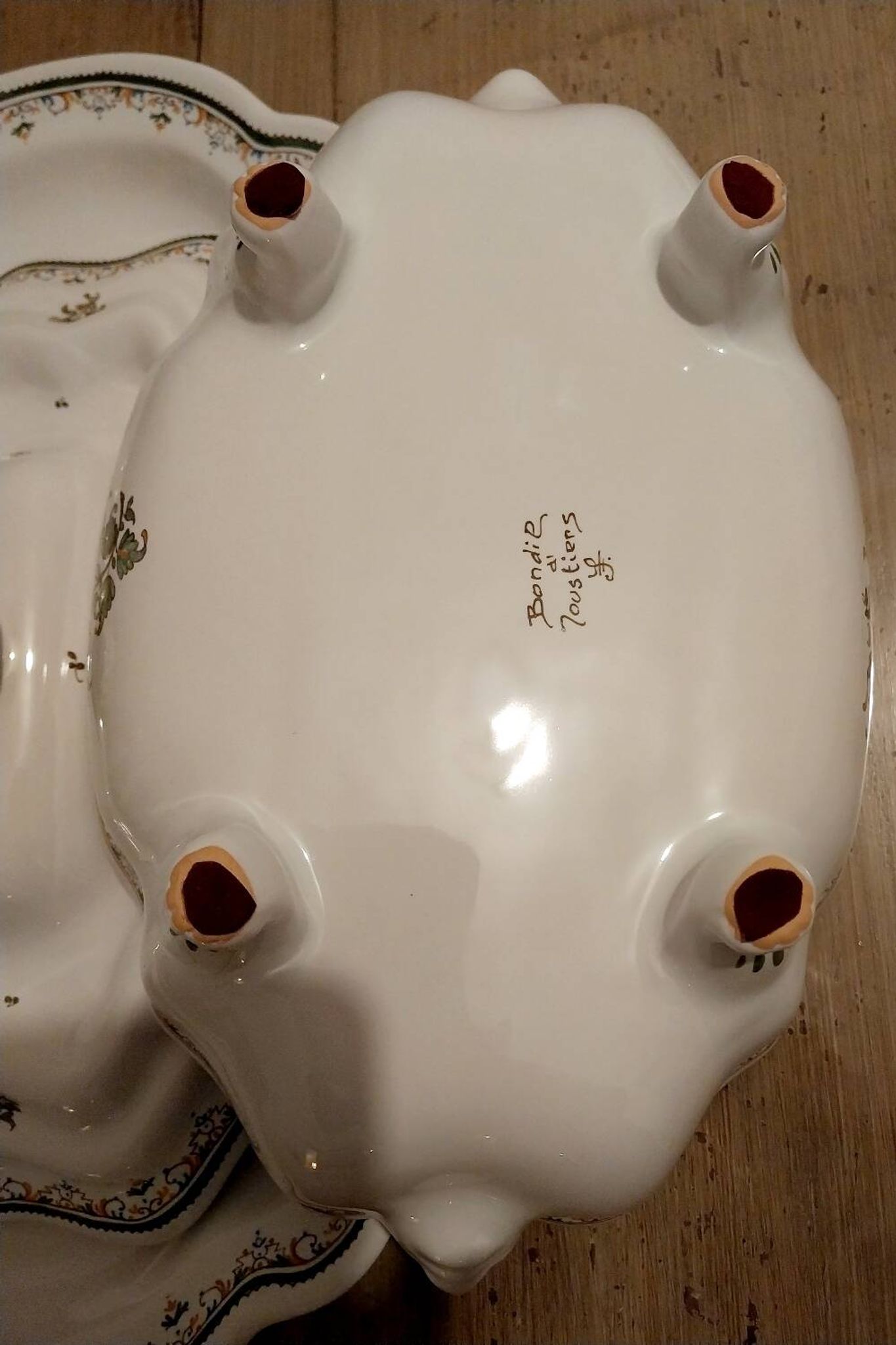 Soup tureen and dish signed Bondil from Moustiers, Provençal art pottery.