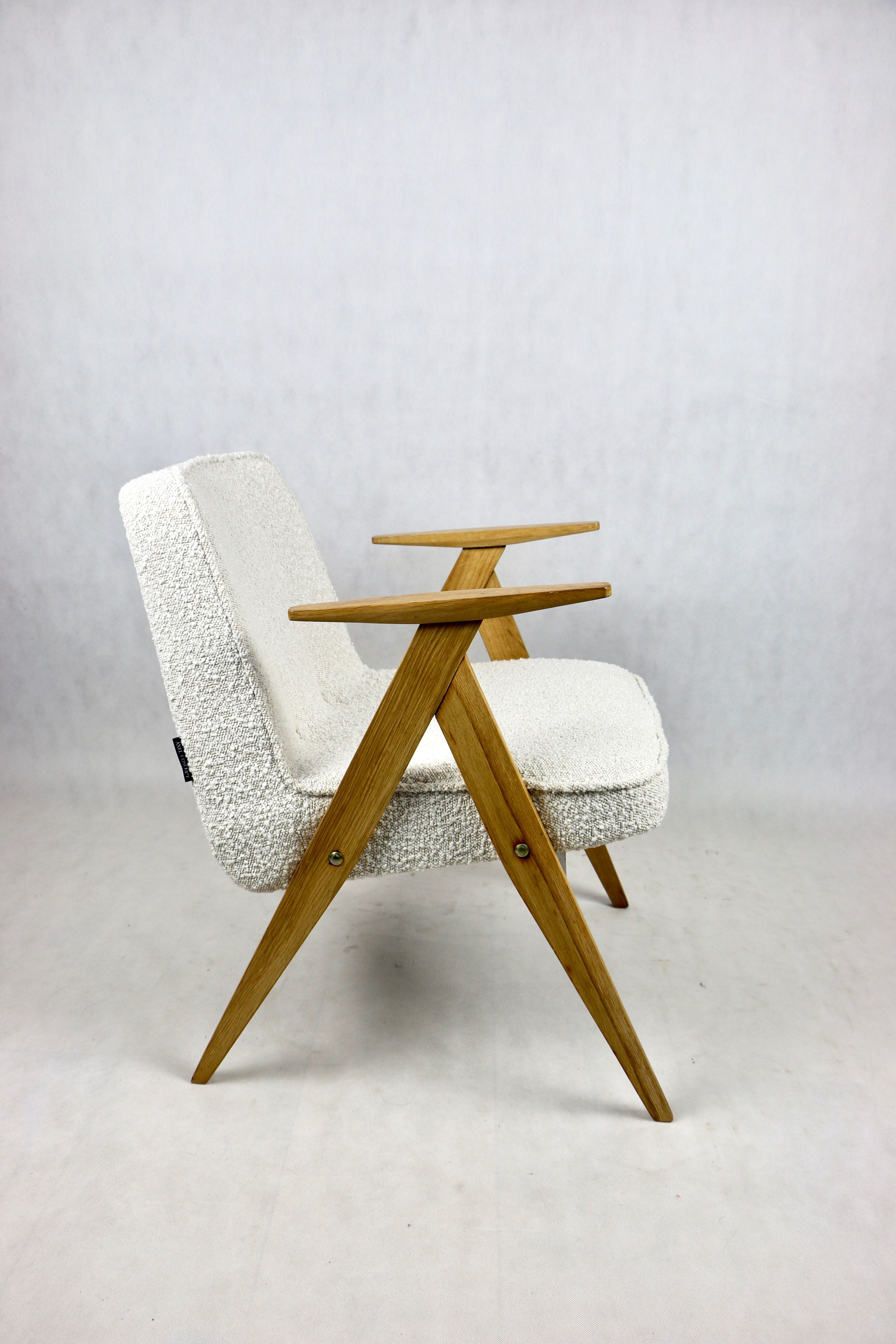 Pearl Boucle & Oak Armchair by Józef Chierowski, 1970s