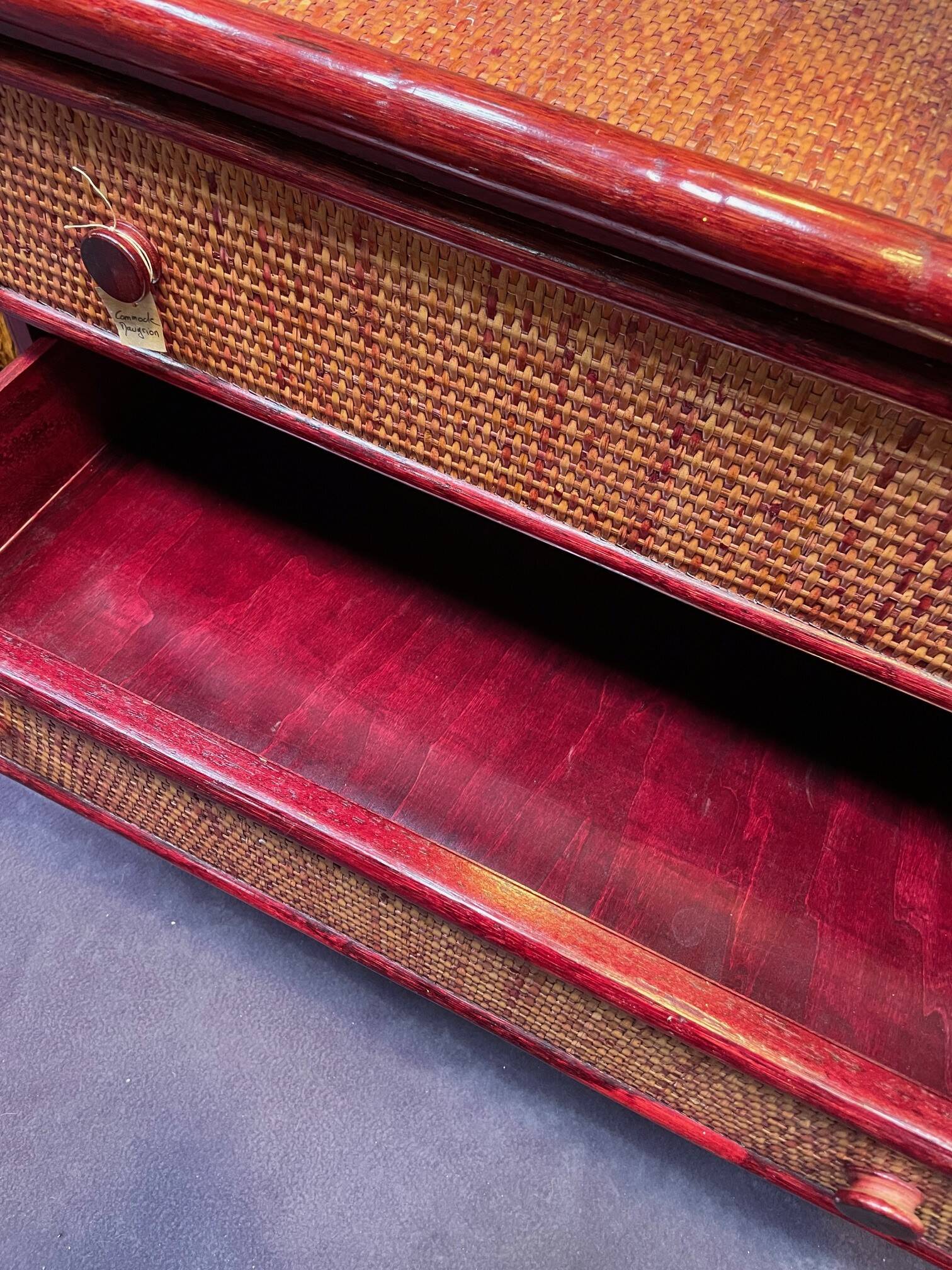 Wood and rattan commode Maugrion vintage 1980s