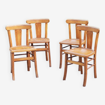 Set of 4 bistro chairs in beech and blond oak from the 50s