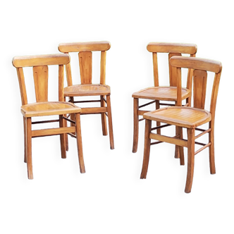 Set of 4 bistro chairs in beech and blond oak from the 50s