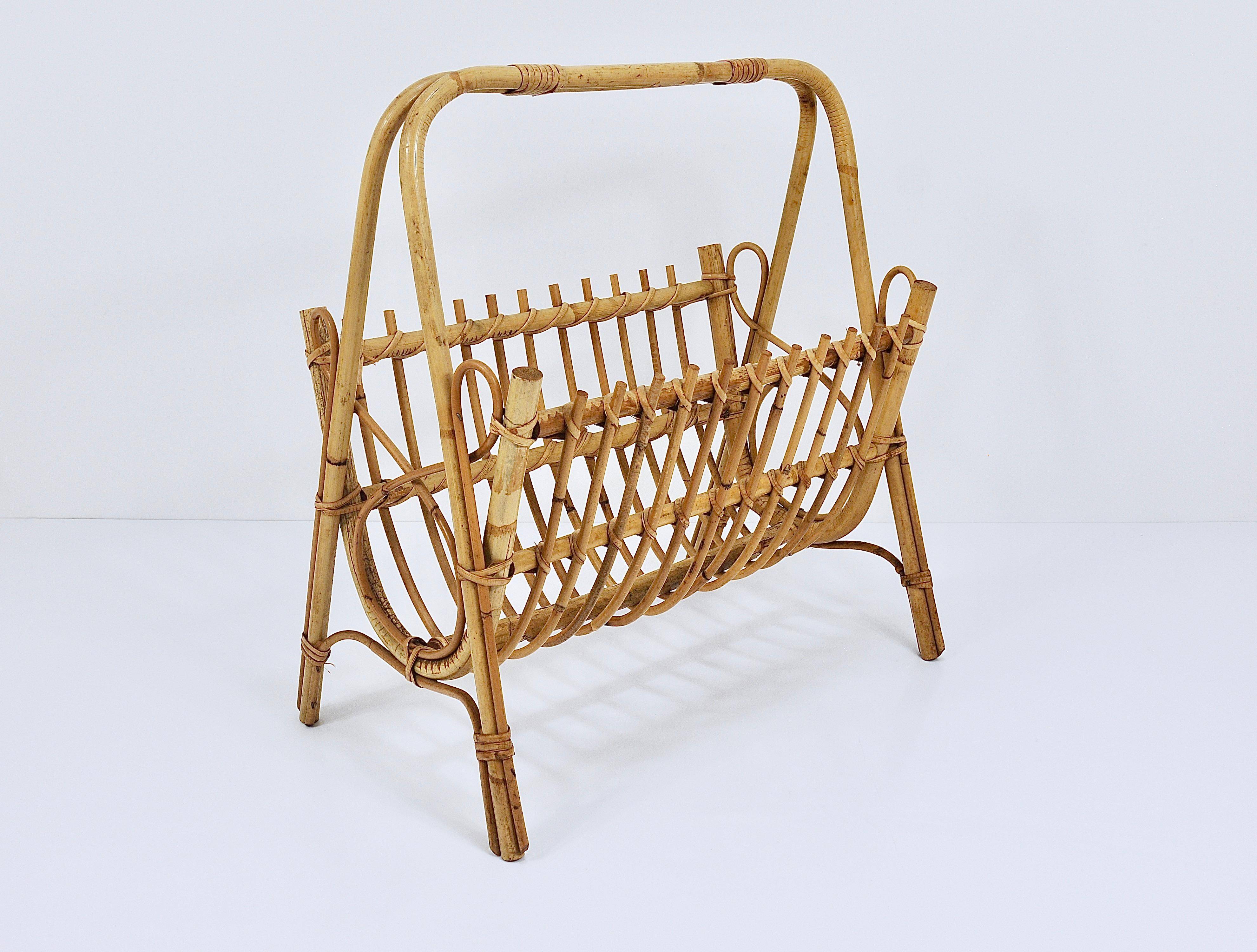 Bamboo and rattan magazine rack in the style of Franco Albini, Italy, 1950s.