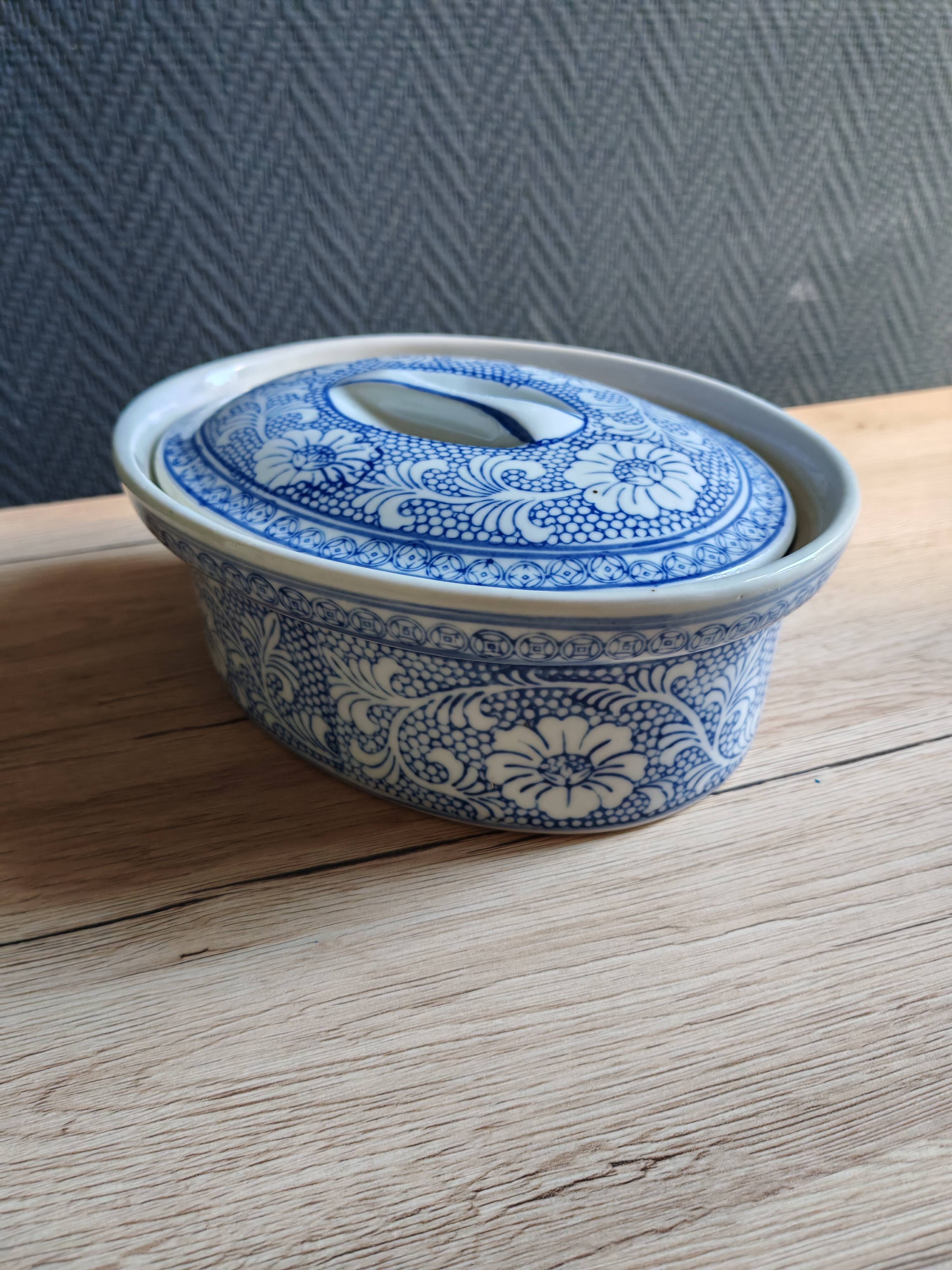 Oval Vintage Terrine in Blue and White Porcelain, Casserole with Lid