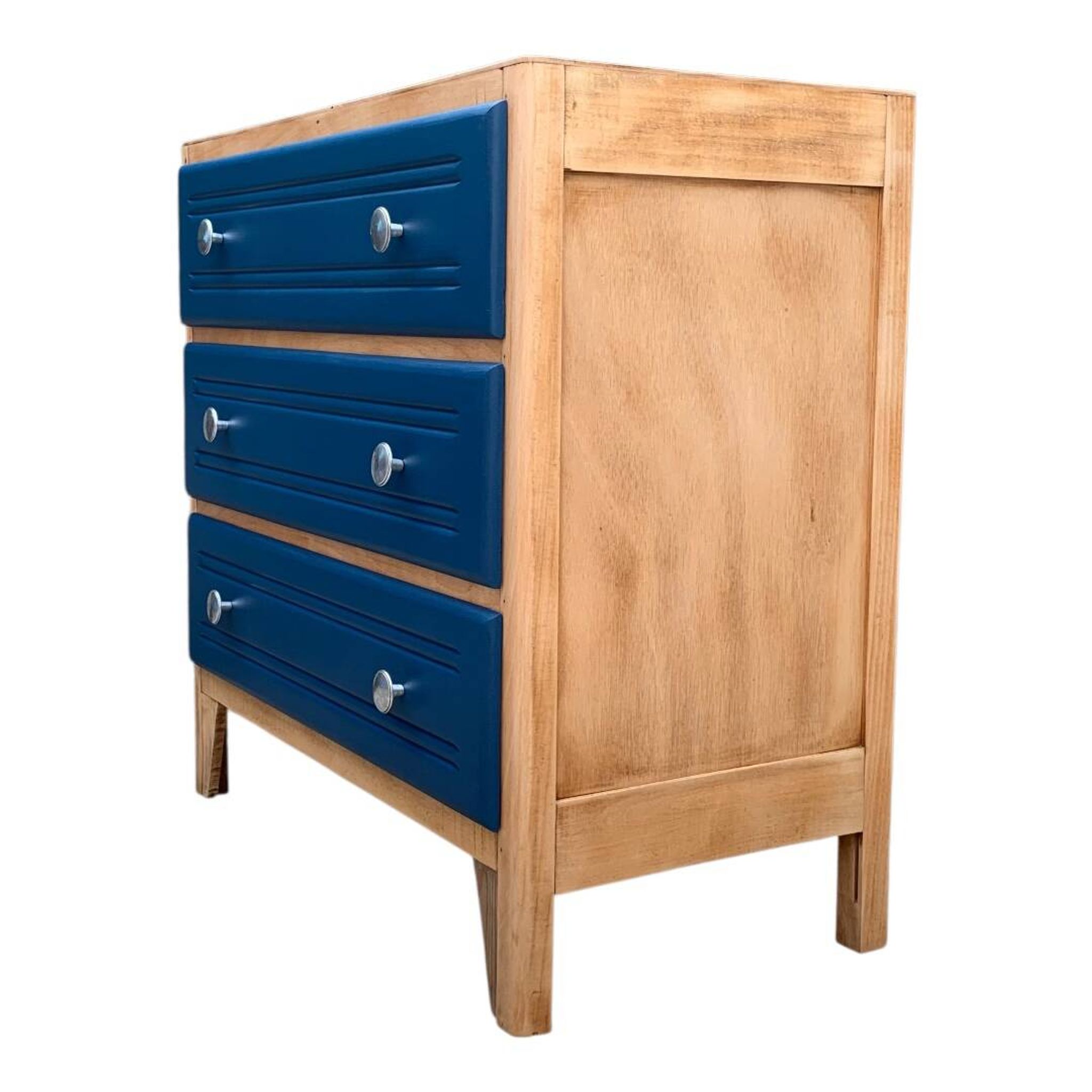 Art Deco chest of drawers in raw wood and blue, 1940