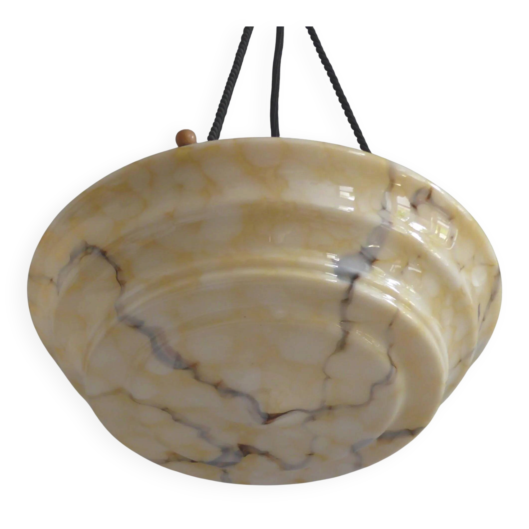 Large Art Deco Glass Pendant Light, Marbled with Rope Suspension, 1920s - 1930s