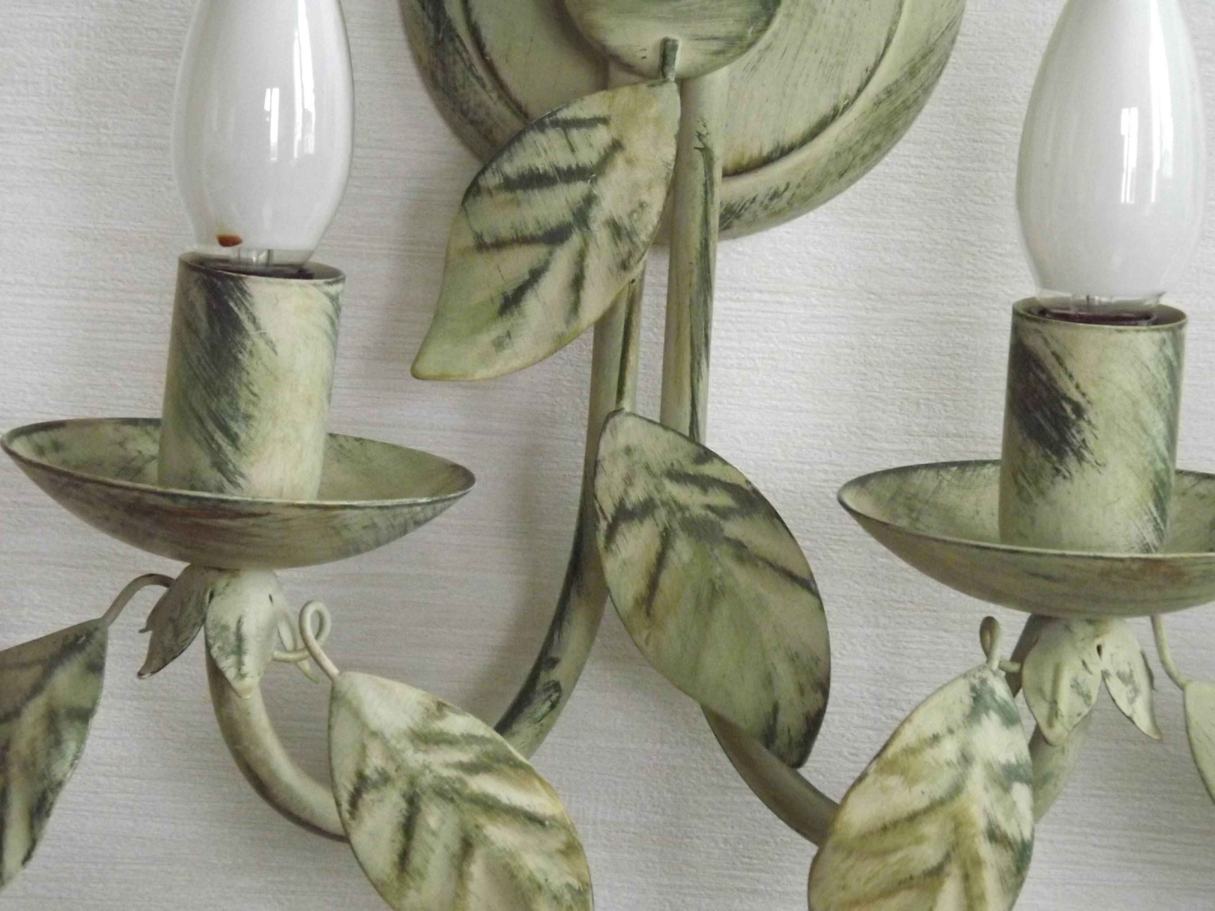 Pair of Vintage Italian Double Wall Lights Leaf Detail Green & Gold Finish