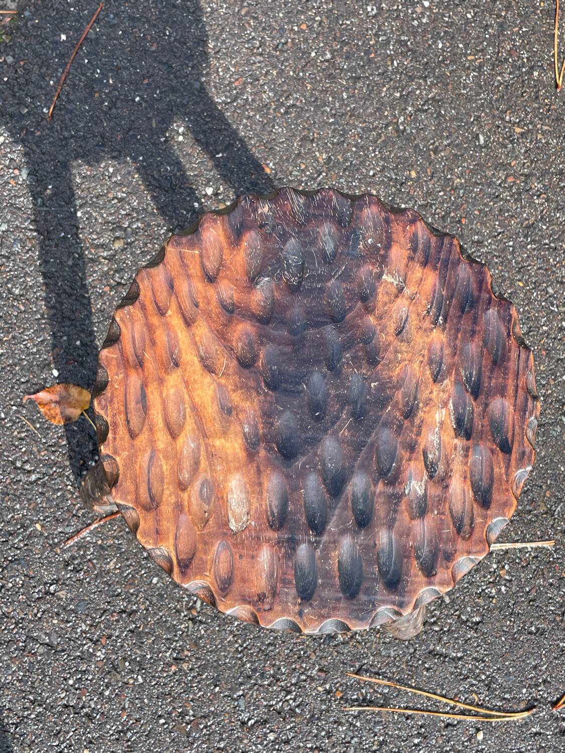 Brutalist low tripod wooden stool