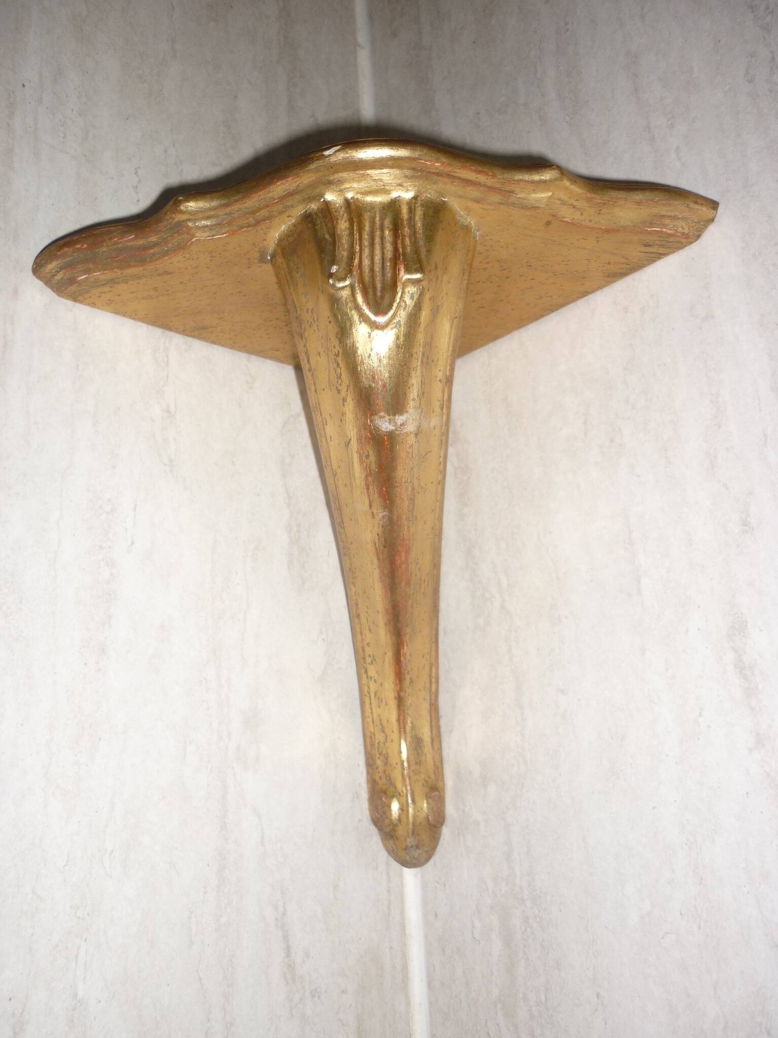 Golden wood corner console shelf