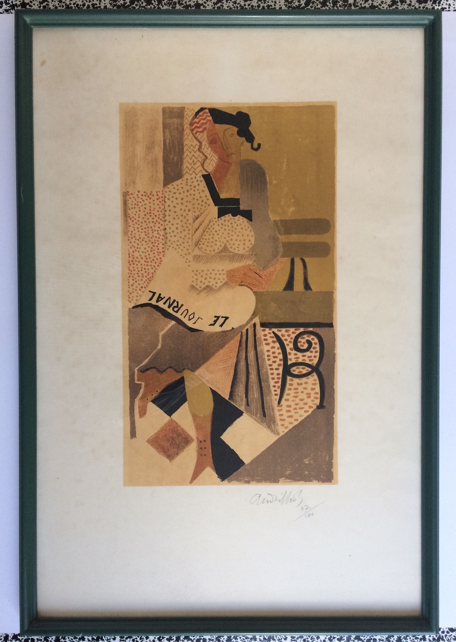Michel Andrillon The newspaper, a woman sitting on a bench. Signed and framed colour printing