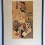 Michel Andrillon The newspaper, a woman sitting on a bench. Signed and framed colour printing