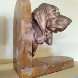 Pair of dog head bookends in spelter on marble slab, signed Lecourtier - sculptures