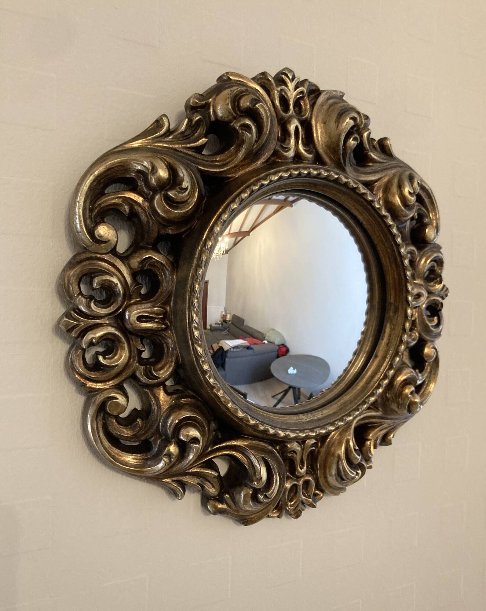 Vintage convex witch mirror – carved gilded wood – 1960s