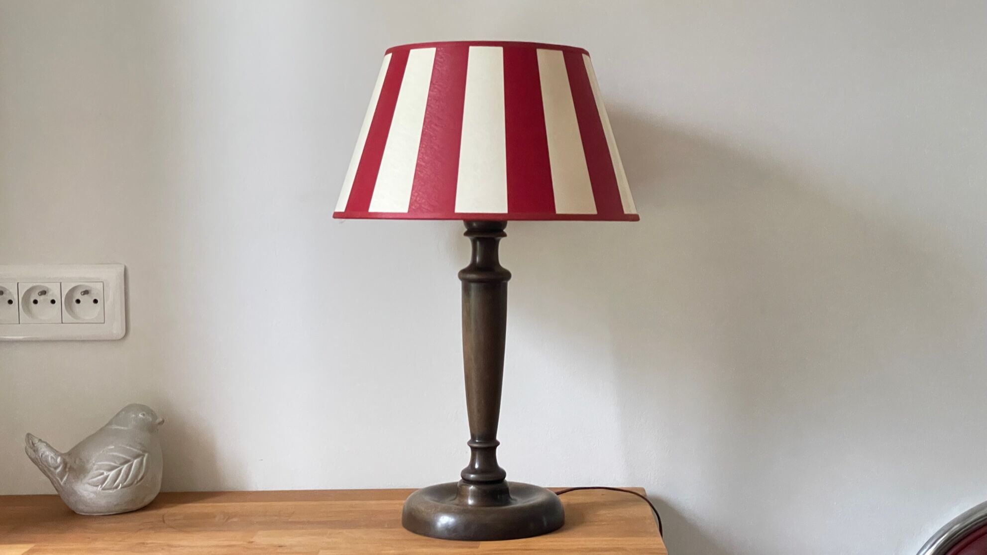 Wooden table lamp and striped lampshade