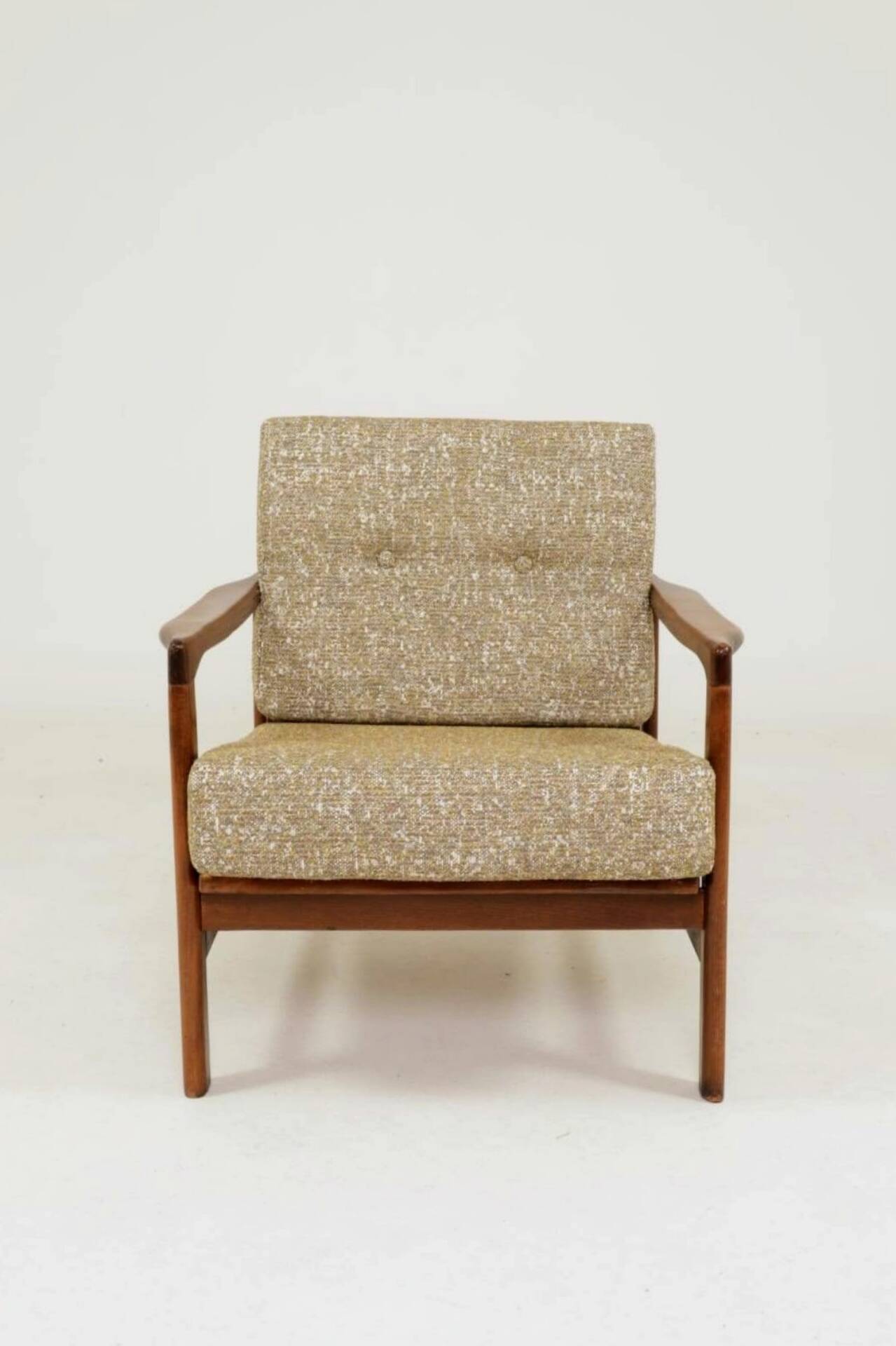 Fauteuil vintage en tissu chiné beige moutarde et olive, Pologne 1960