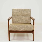 Vintage Armchair Tissu chiné beige moutarde et olive, Poland 1960