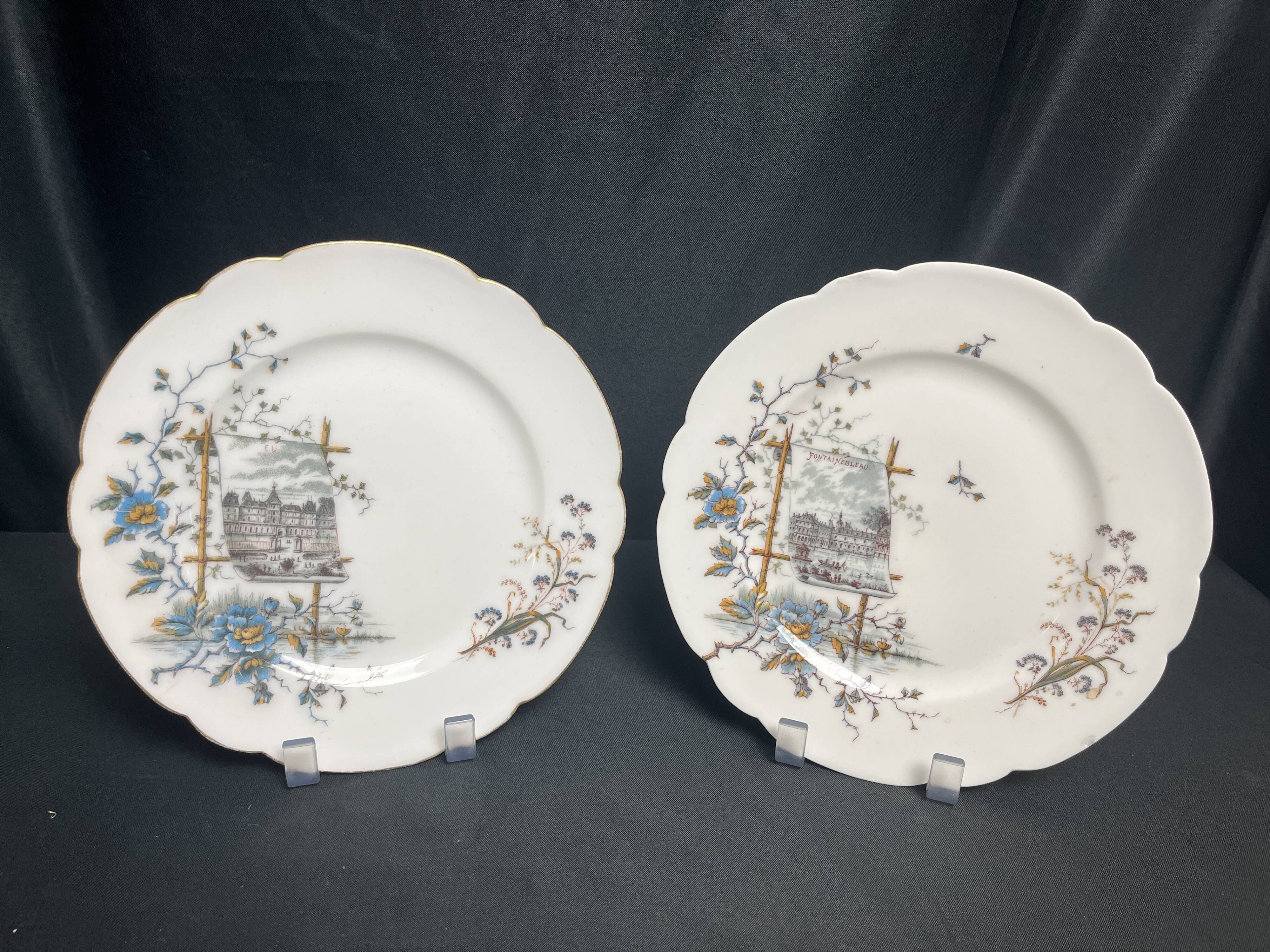 Pair of Hache Jullien plates, fine earthenware, castle decor, early 20th century
