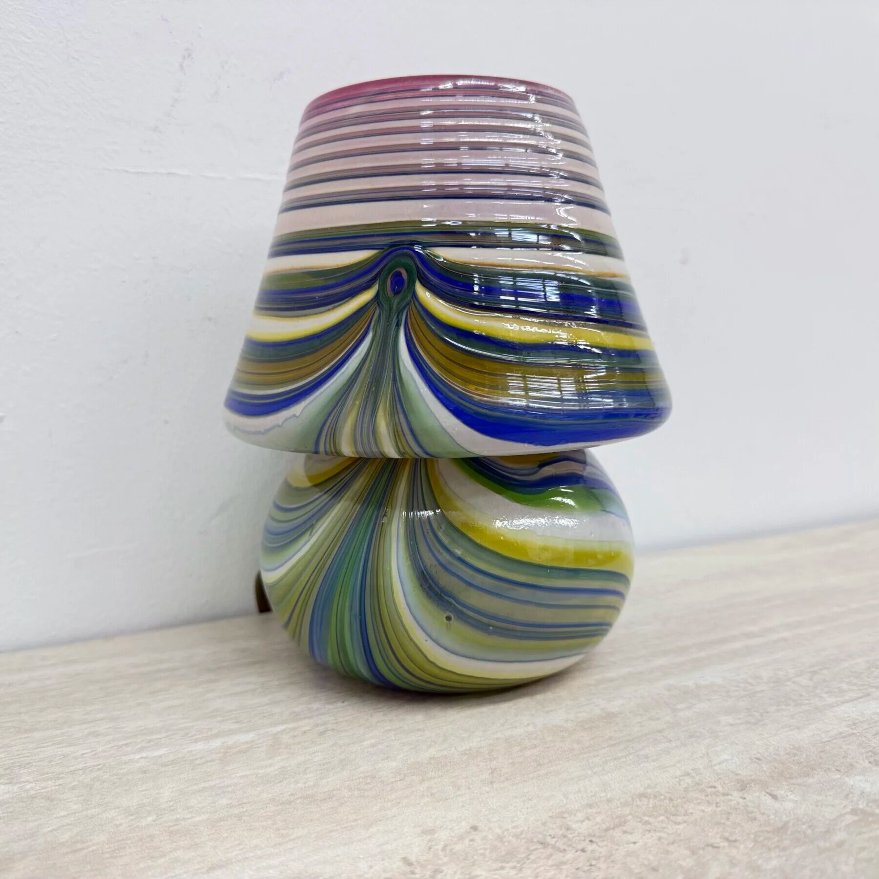 Mid-century swirl glass mushroom table lamp signed, 1970s
