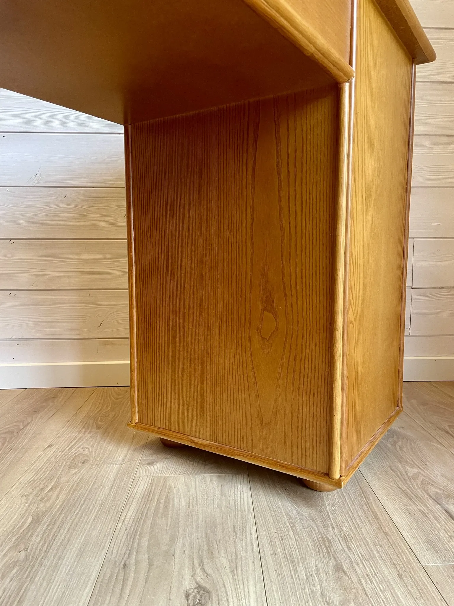 Cane work desk / Rattan glass top 9 drawers shallow depth