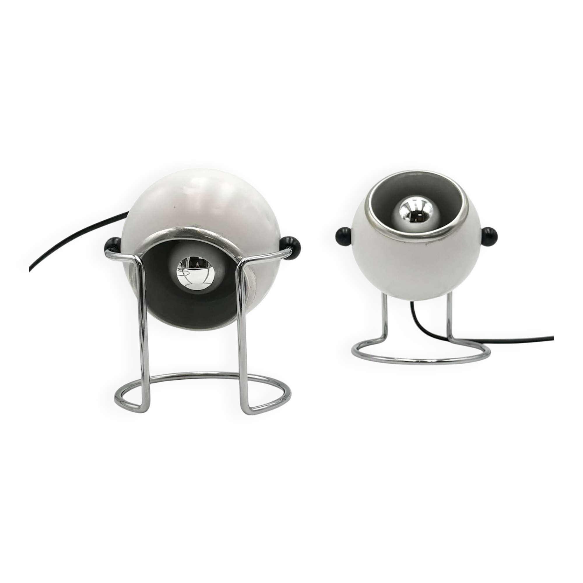 Pair of Rare Targetti Eyeball Lamps in White and Chrome, Italy, 1970s