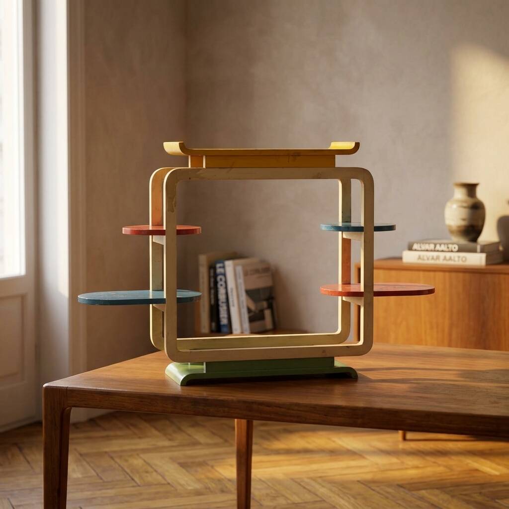 Vintage multicolour tubular steel flower stand / plant stand, mid-20th century, Czechoslovakia, 71 × 50 × 103 cm