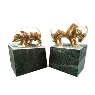 Pair of greenhouse book in bronze and marble "bear and bull"