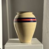 Large beige vase with blue and pink trim H27 D21