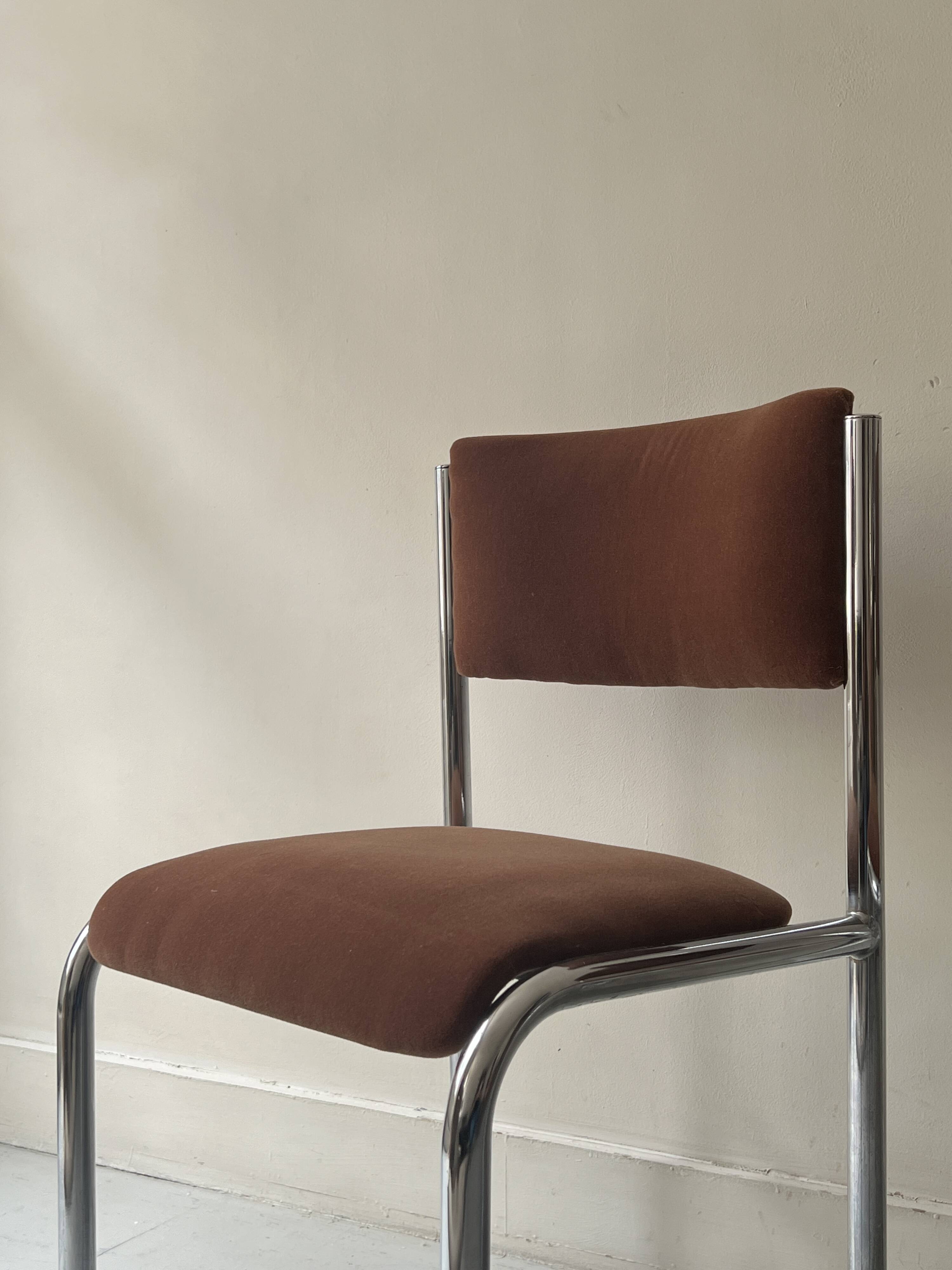 Pair of chrome and chestnut brown velvet chairs, 1970s design