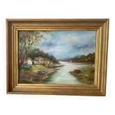 Large painting of a house by the water.