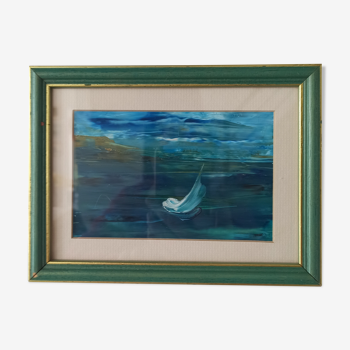 Small format marine painting signed lower right. Framed, under glass