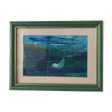 Peinture marine petit format signée en bas à droite. Encadrée, sous verre