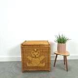 Wicker basket with lid with bear, vintage toy basket