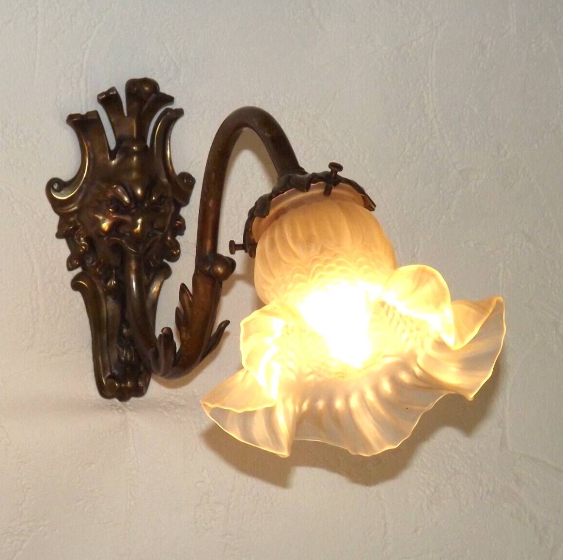 Pair French Antique Brass Greenman Single Wall Lights White Frilled Shade 4572