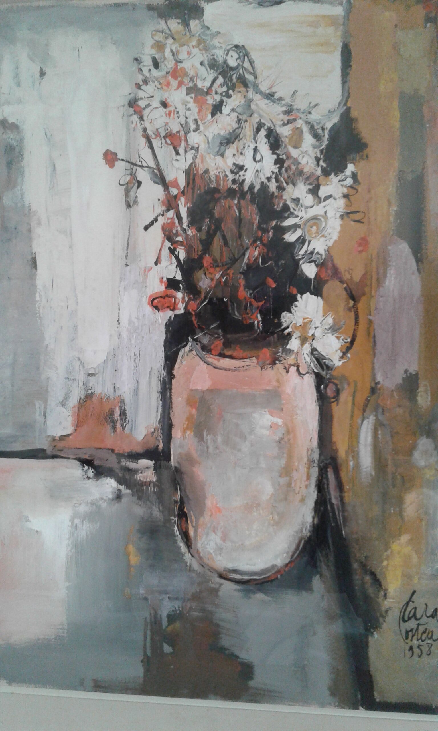 Ancient table . still life with a bouquet of flowers.  1958