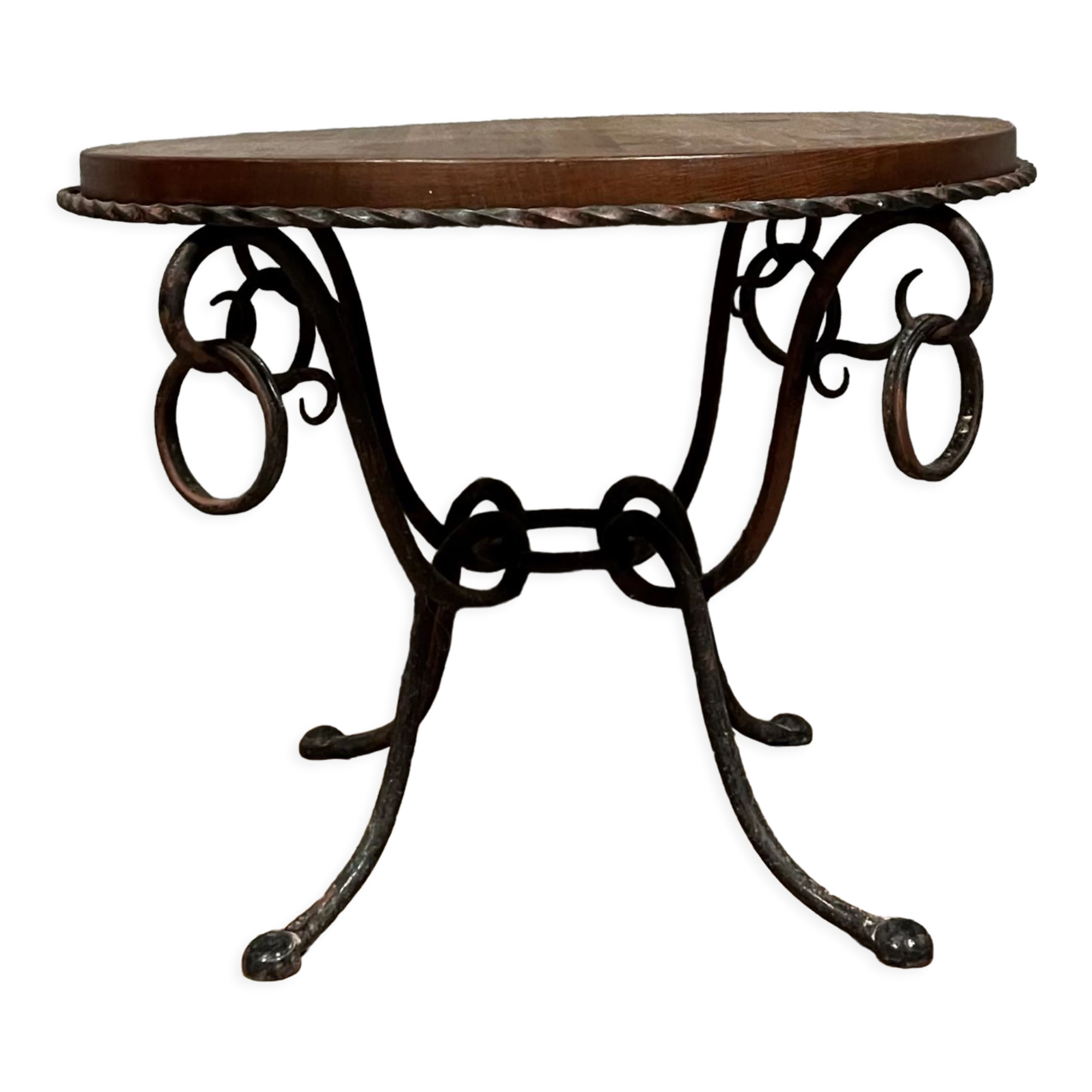 Hammered iron coffee table with circular wooden top