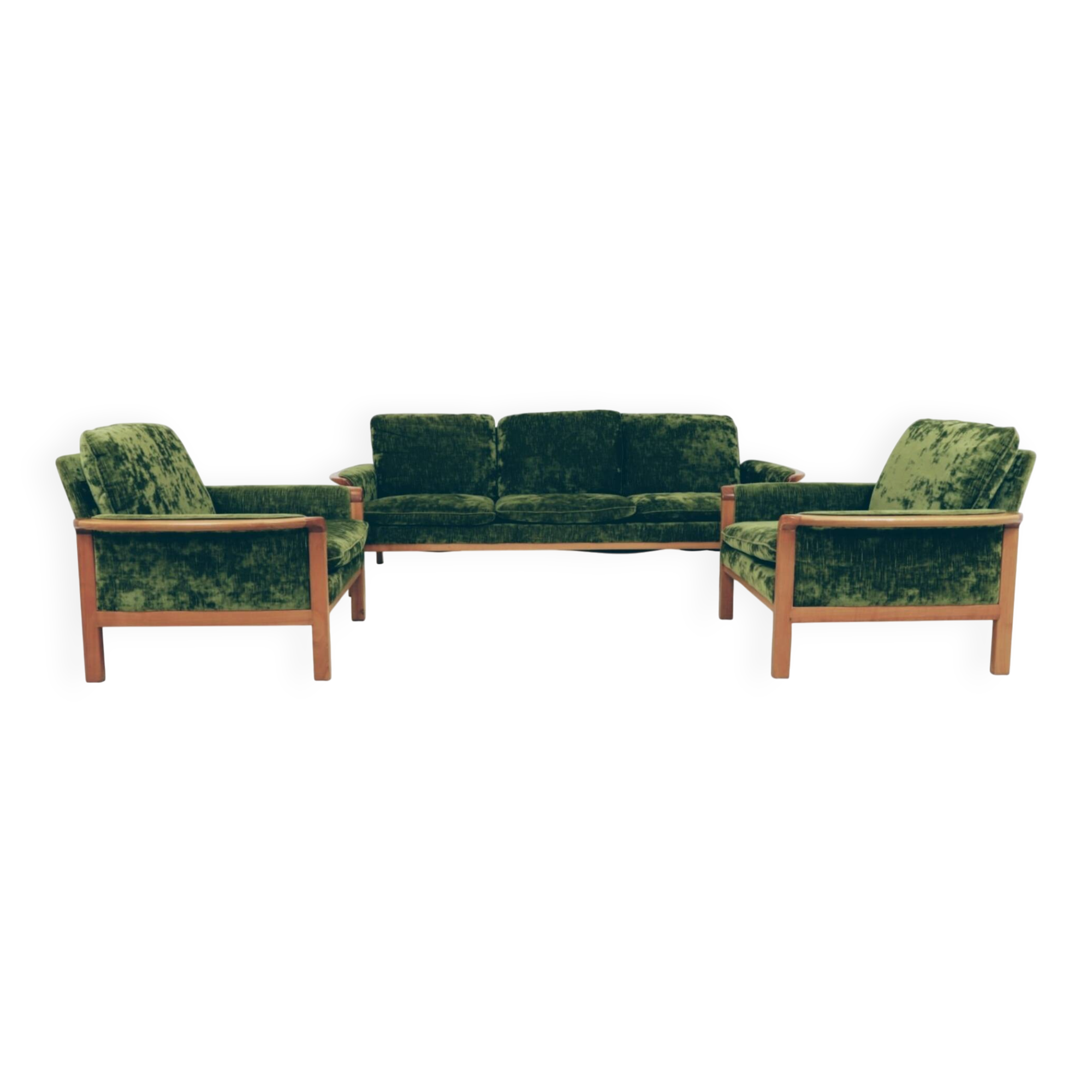 Vintage set sofa and armchairs deep olive velvet design by Knut Seater