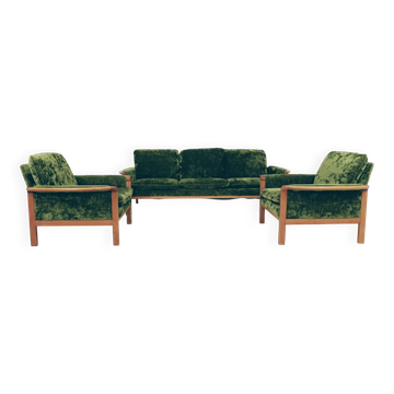 Vintage set sofa and armchairs deep olive velvet design by Knut Seater
