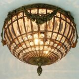 large 1960s CEILING LAMP glass crystal bronze hollywood regency style 1960s