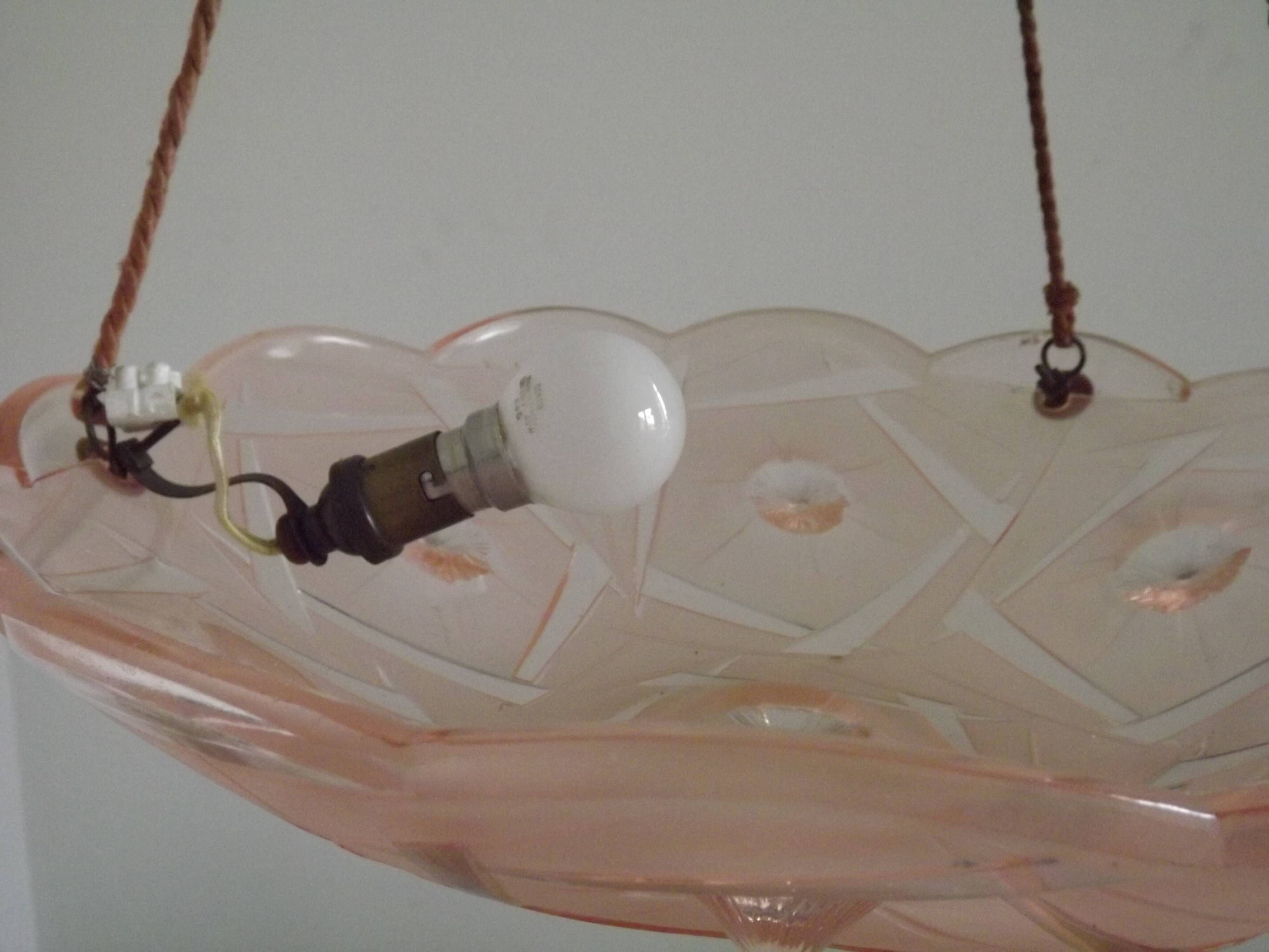 French Art Deco Stamped 1053 Pink Glass Plafonnier Hanging Light Pink Ropes
