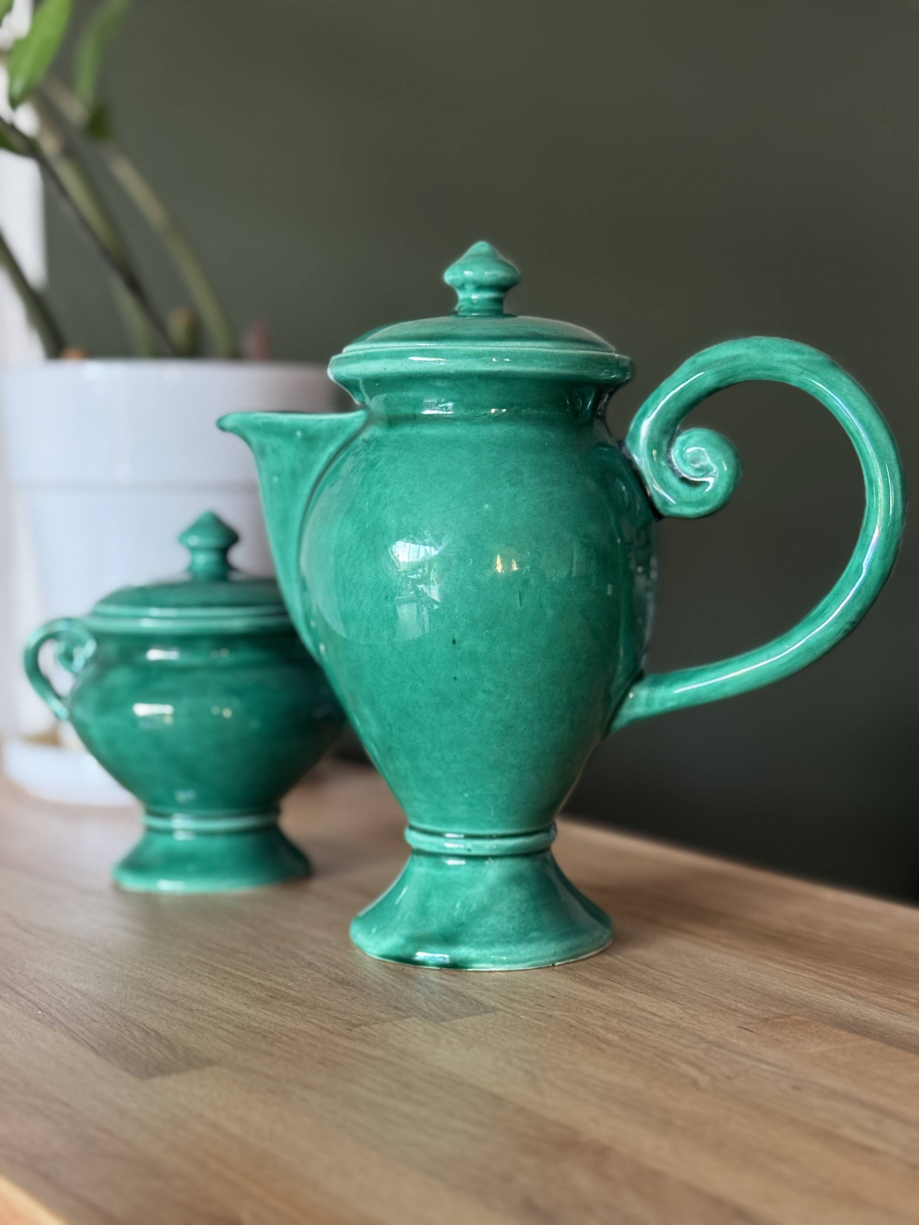 Ceramic glazed green jug and sugar bowl set, Vallauris