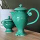 Ceramic glazed green jug and sugar bowl set, Vallauris
