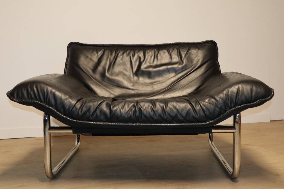 Vintage armchair by Johan Bertil Häggström for Ikéa in leather and chrome metal, 1970s