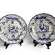 Moustiers, pairs of plates with wading bird design, scalloped edge, early 20th century.