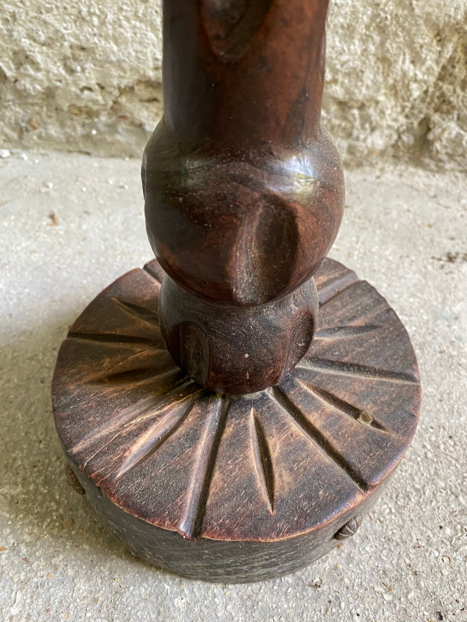 Rustic ashtray carved wood on vintage stand