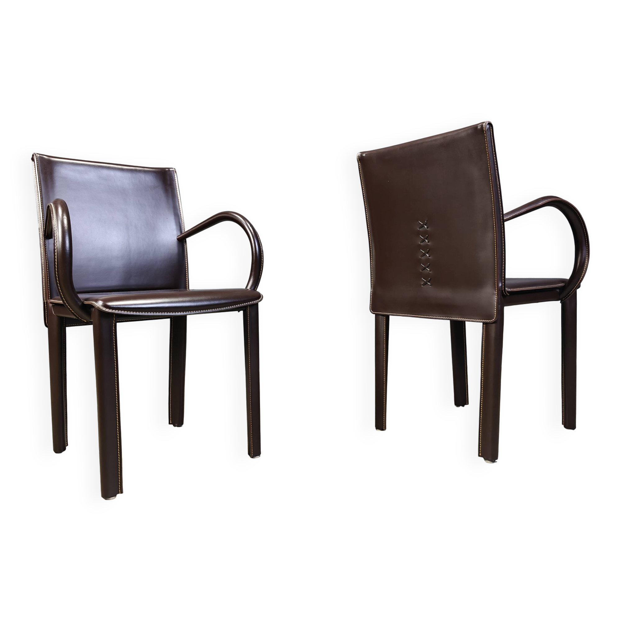 Pair of brown leather armchairs by Arper italy, 1980s
