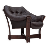 Chaise lounge scandinave des années 1970, cuir de meuble, bois de chêne.