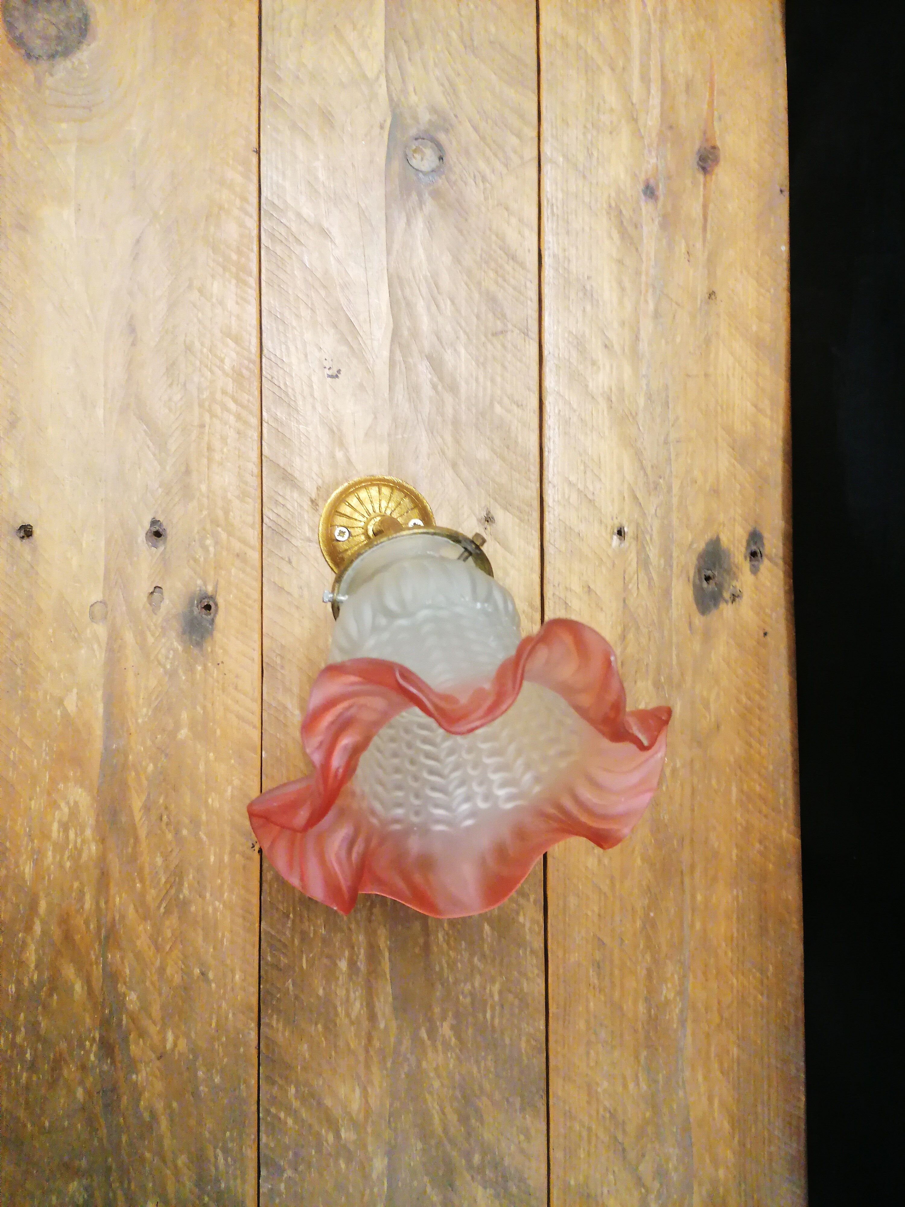 Retro wall lamp, brass support and tulip glass pressed pink and white 1950