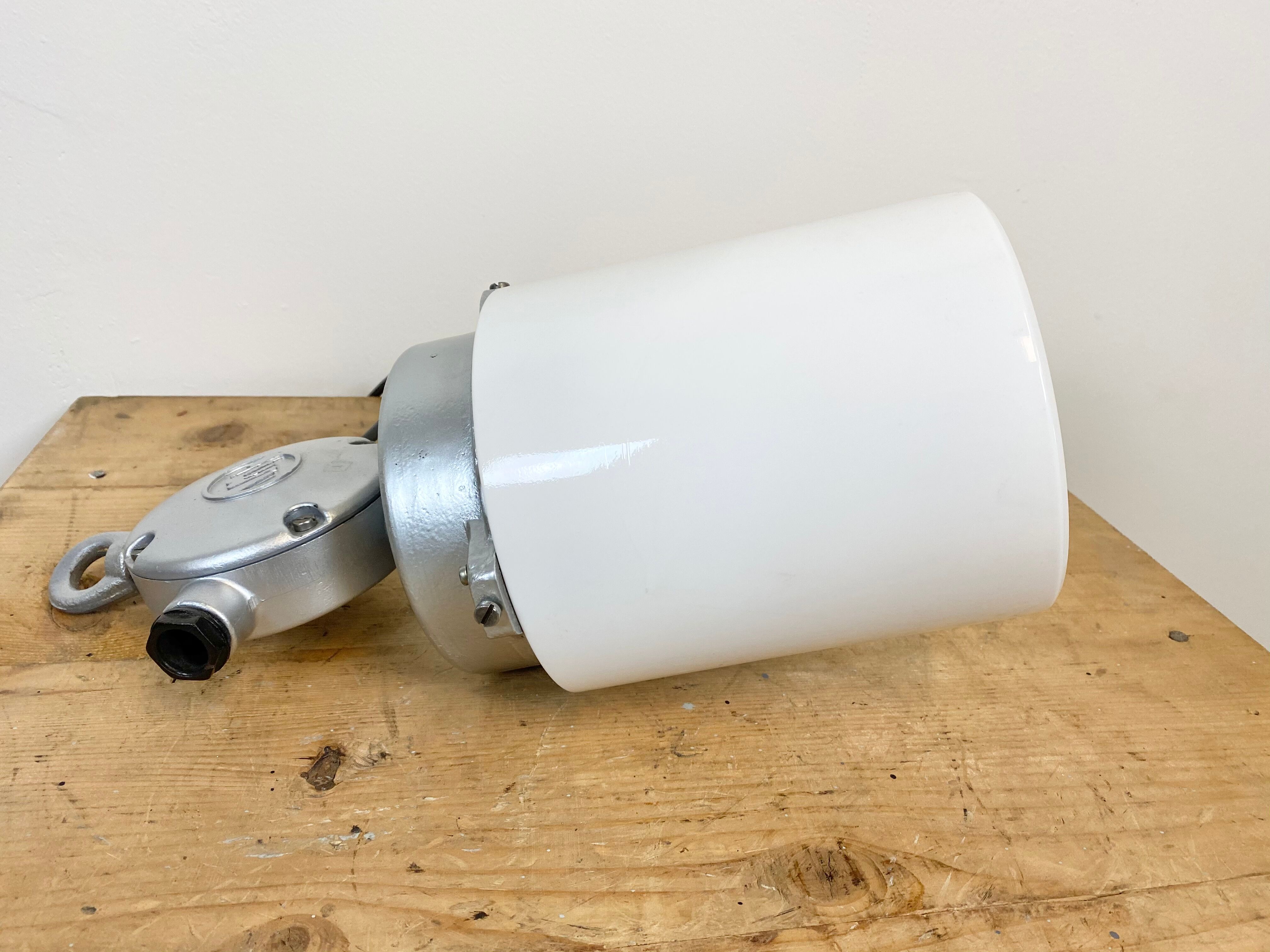 Vintage aluminium industrial lamp with milk glass, 1970s